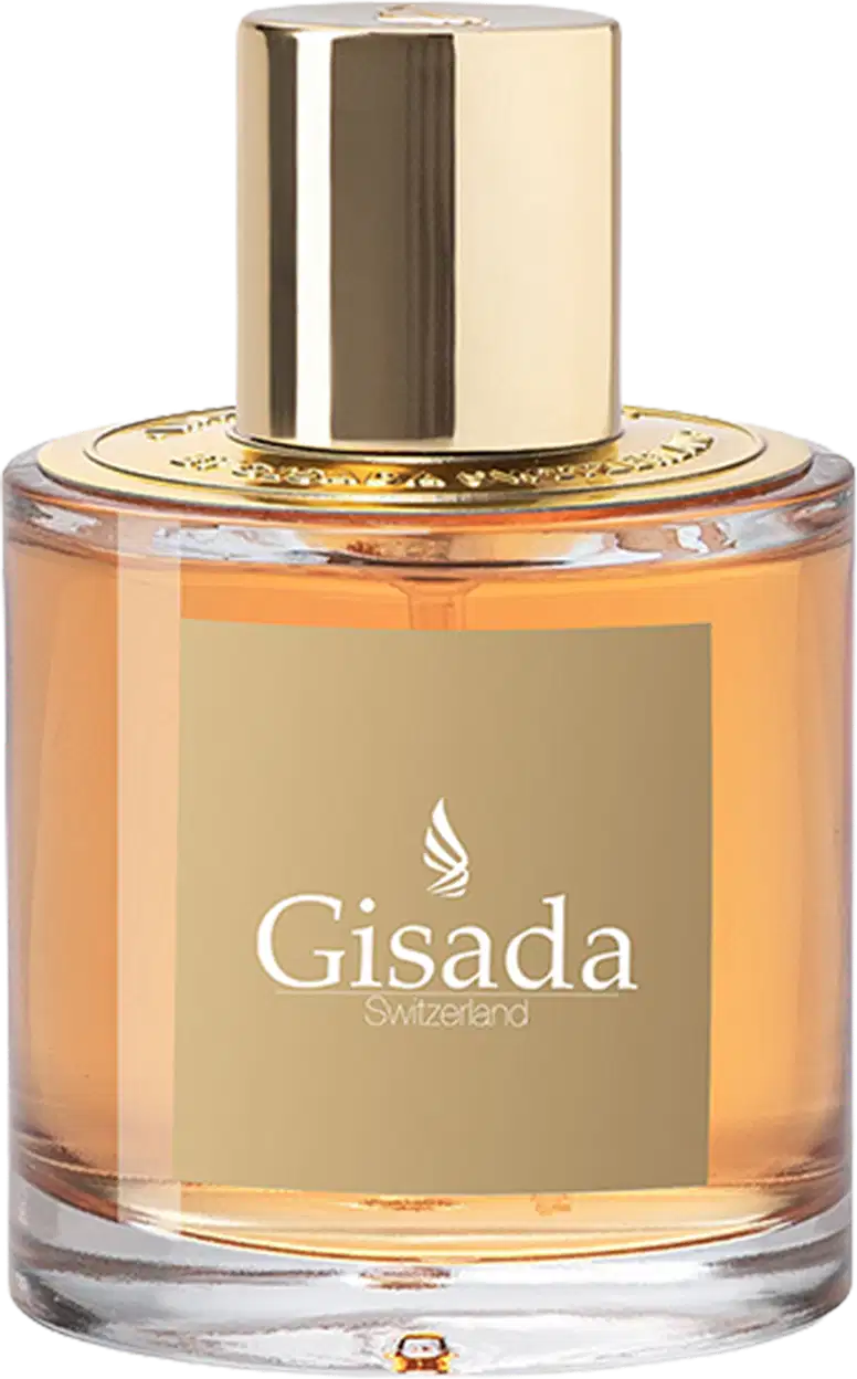 Perfume Gisada Switzerland em frasco cilíndrico de vidro com líquido âmbar. Tampa dourada cilíndrica. Rótulo bege com logo branco e texto "Gisada Switzerland". Design elegante e sofisticado.