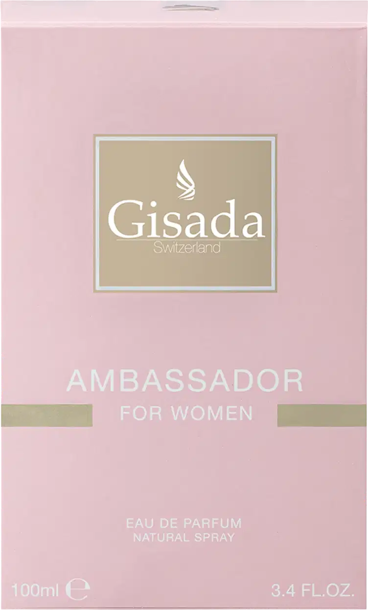 Perfume Gisada Ambassador For Women em embalagem rosa claro com caixa retangular. Frasco de 100ml (3.4 FL.OZ) com spray natural. Rótulo bege com logo Gisada e detalhes em tons neutros.