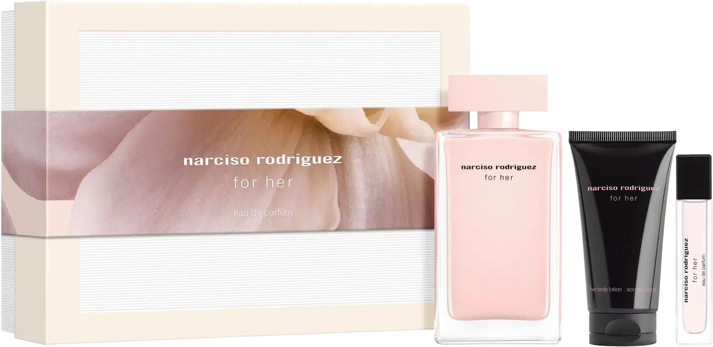Kit Narciso Rodriguez For Her contendo: caixa com estampa floral em tons rosa e bege, frasco de eau de parfum rosa claro, loção corporal em tubo preto e miniatura de perfume translúcida.
