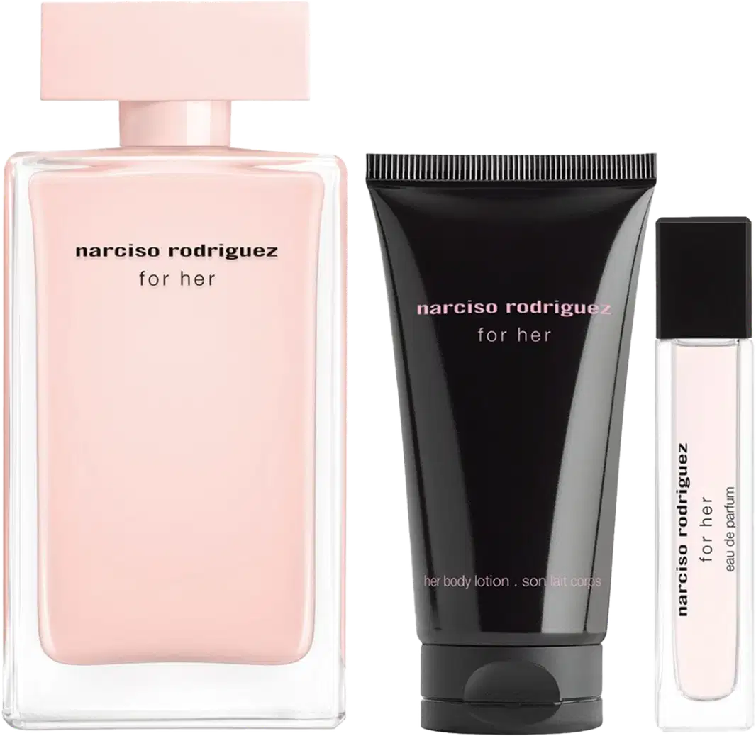 Conjunto Narciso Rodriguez for Her com três produtos: frasco de perfume rosa claro com tampa rosa, tubo de loção corporal preto e frasco de eau de parfum translúcido com tampa preta. Embalagens elegantes e minimalistas.