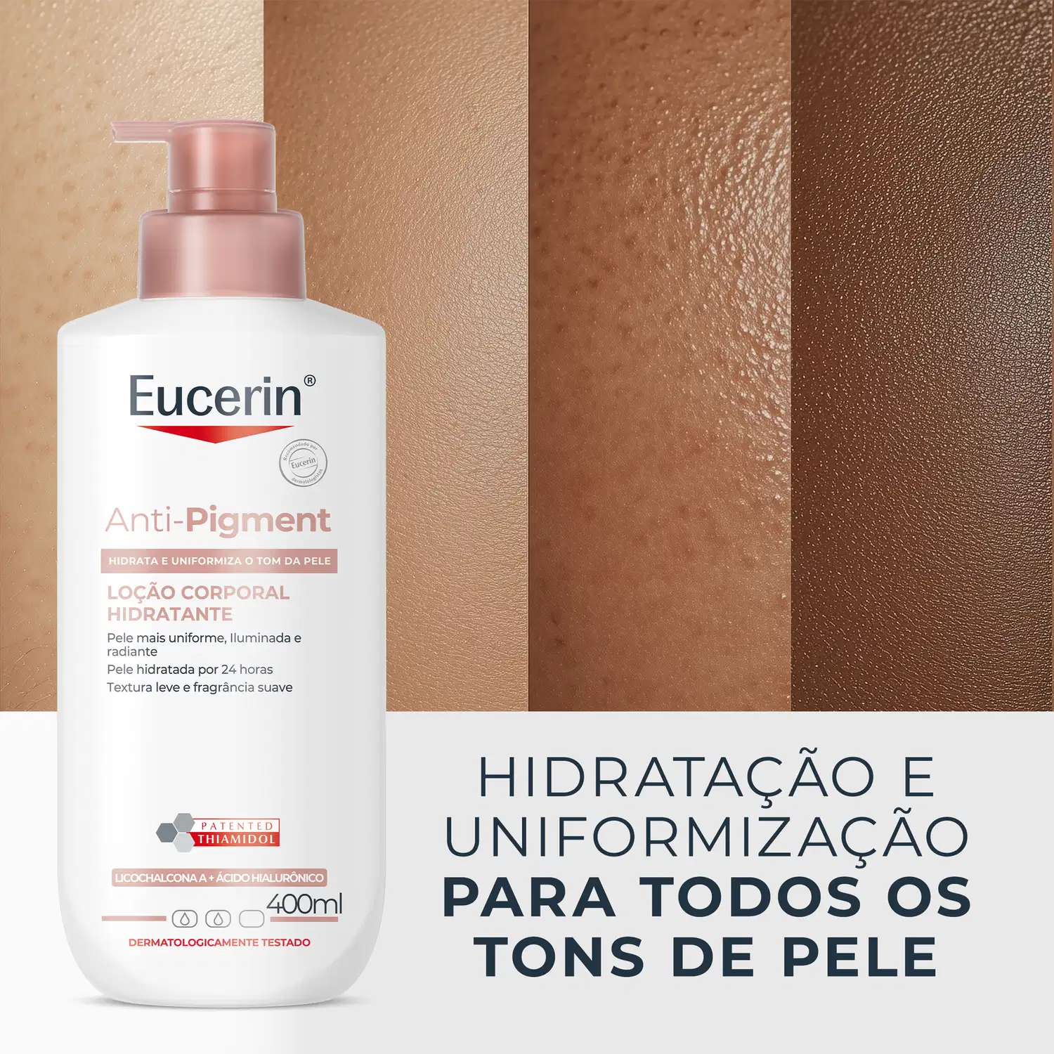 O produto é apresentado em um ambiente de pele com diferentes tons, destacando sua proposta de hidratação e uniformização da textura da pele.