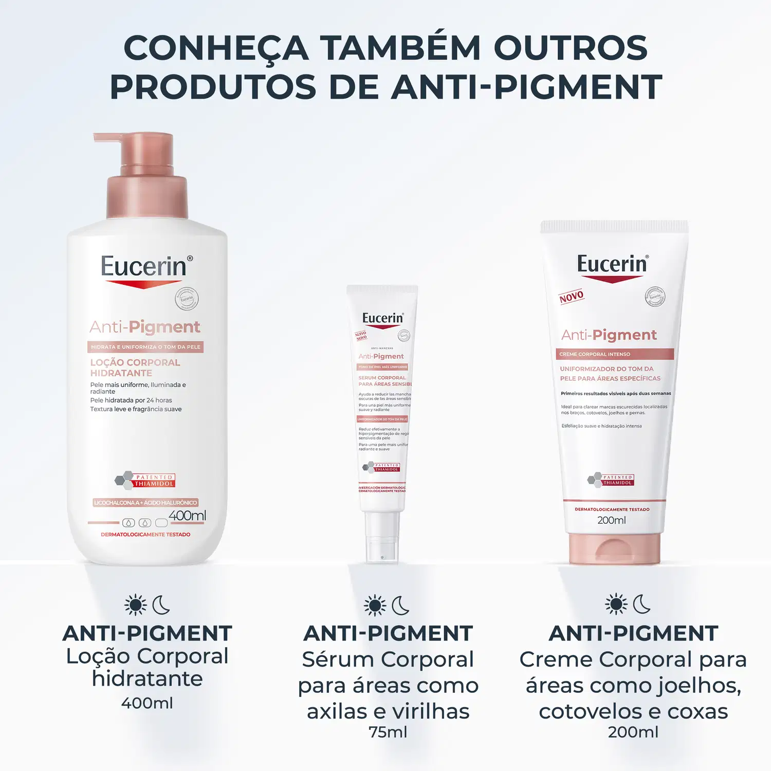 Conheça outros produtos de anti-pigment da Eucerin: Loção Corporal Hidratante Anti-Pigment de 400ml, Sérum Corporal Anti-Pigment para áreas como axilas e virilhas de 75ml, e Creme Corporal Anti-Pigment para áreas como joelhos, cotovelos e coxas de 200ml.