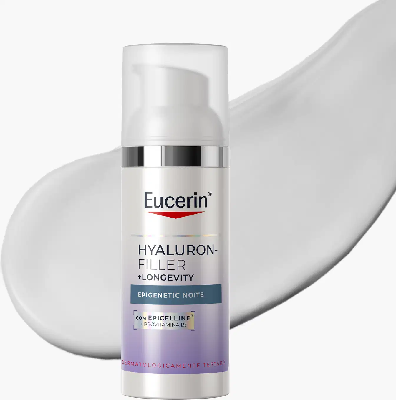 Embalagem de produto de cuidados com a pele da marca Eucerin, com design minimalista em tons de branco e cinza, destacando o nome do produto "Hyaluron-Filler + Longevity" e a tecnologia "Epigenetic Noite" com Epicelline.