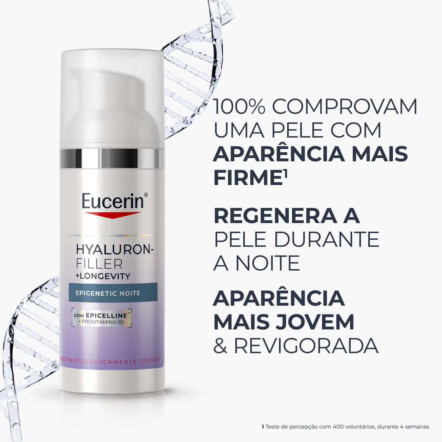 Frasco branco com rótulo Eucerin Hyaluron-Filler + Longevity Epigenetic Noite, com texto sobre os benefícios do produto para a pele.