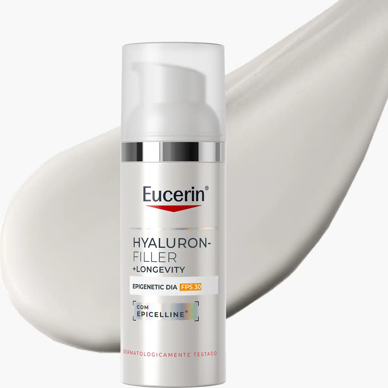 Embalagem branca e prateada de um produto de cuidados com a pele da marca Eucerin, com destaque para o nome "Hyaluron-Filler + Longevity" e informações sobre proteção solar FPS 30.