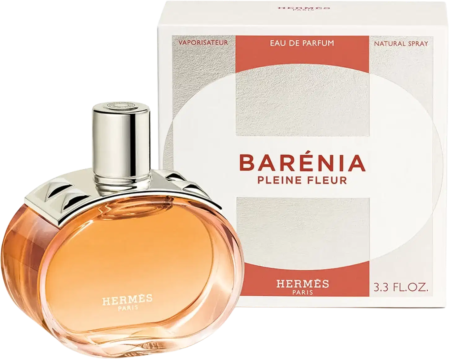 Frasco e caixa do perfume Barénia Pleine Fleur, da marca Hermes.
