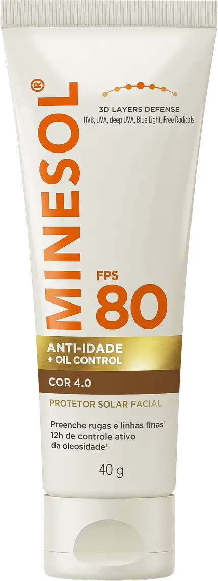 Protetor solar facial Minésol FPS 80, 40g, em tubo branco com tampa rosqueada. Rótulo laranja e dourado indicando "3D Layers Defense", "Anti-idade + Oil Control", cor 4.0 e "Protetor Solar Facial".