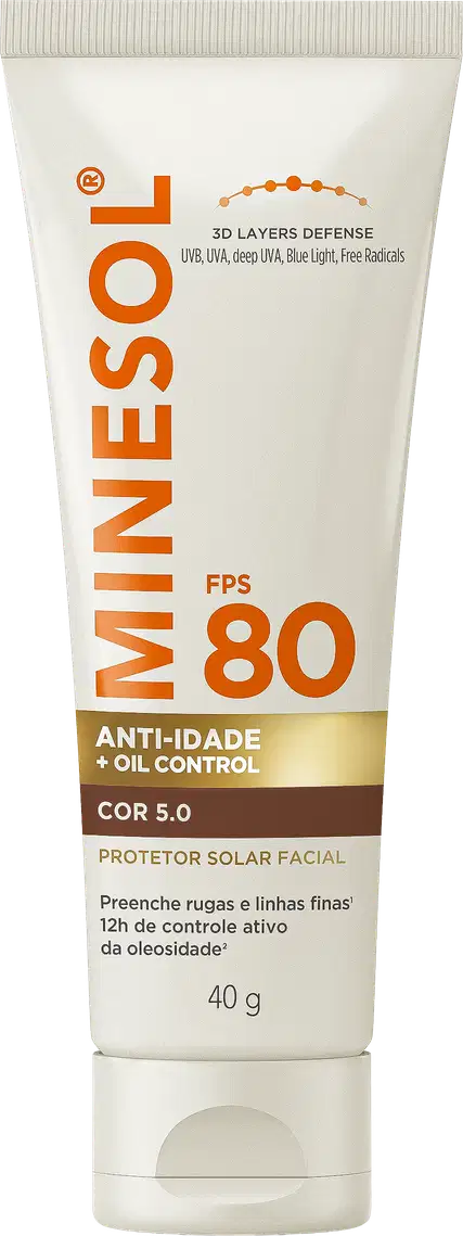 Protetor solar facial Minésol FPS 80 em tubo branco com tampa rosqueada. Embalagem com detalhes em laranja e marrom. Indicado para anti-idade e controle de oleosidade, cor 5.0, 40g.
