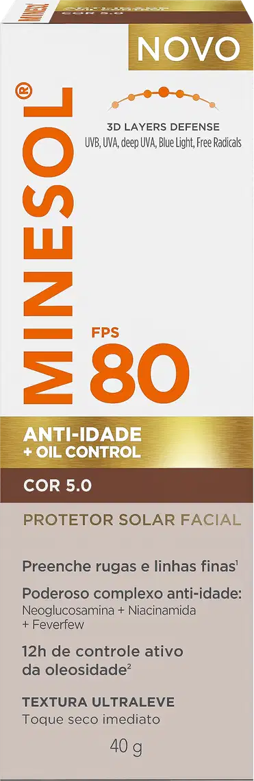 Protetor solar facial Minésol FPS 80 da Neostrata em caixa branca e dourada. Produto anti-idade com oil control, cor 5.0, textura ultraleve. Embalagem de 40g com destaque para 3D Layers Defense.