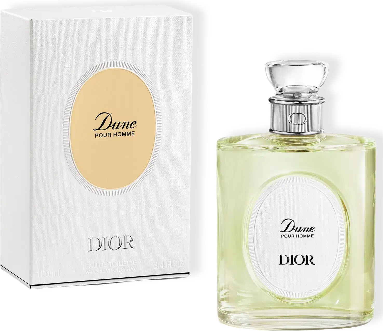 Perfume Dune Pour Homme Dior em frasco de vidro com líquido verde-claro, tampa cristalina e rótulo oval branco. Acompanha caixa branca com detalhe dourado e logotipo Dior em relevo.