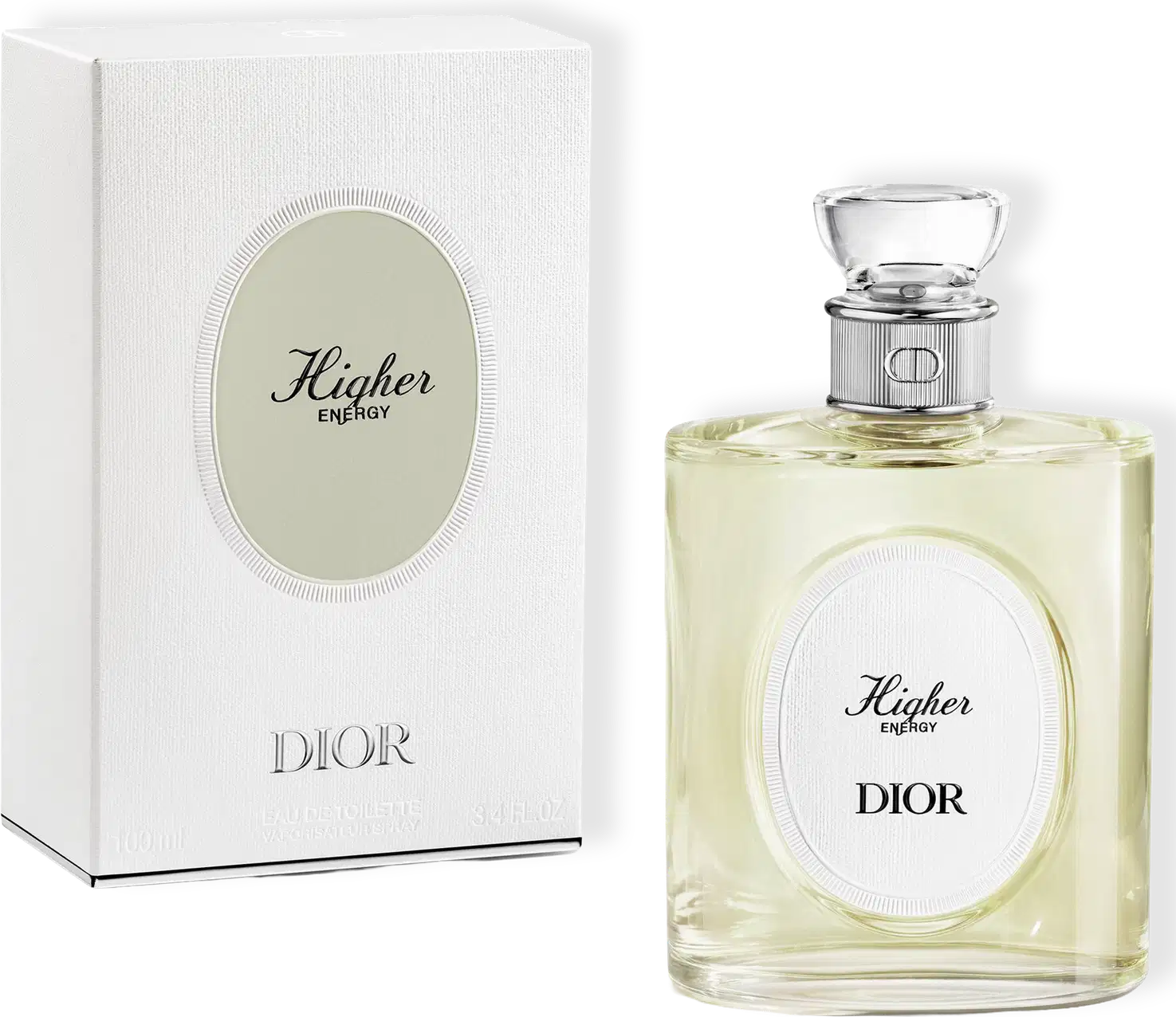 Perfume Dior Higher Energy em frasco de vidro transparente com líquido amarelo claro. Embalagem branca com oval decorativo e logotipo Dior. Frasco com tampa de cristal e anel metálico prateado. Caixa texturizada branca com design minimalista.