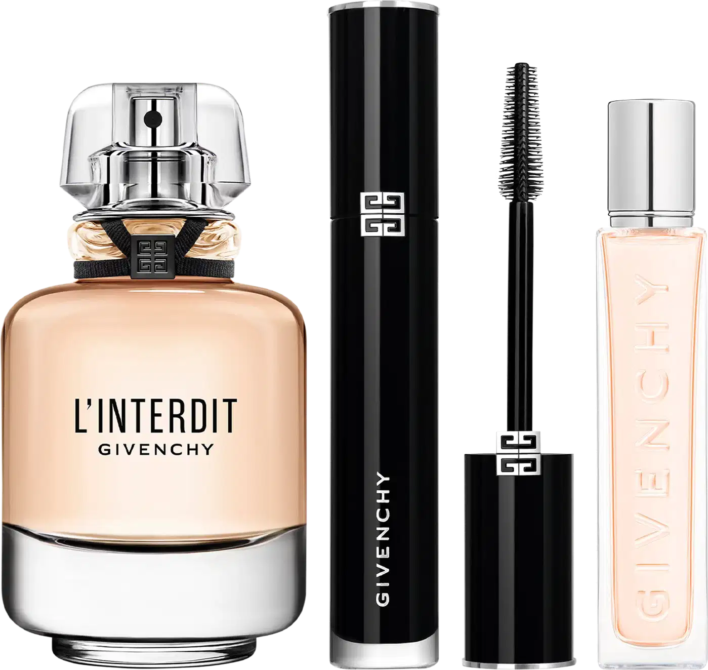 Conjunto de perfumaria Givenchy L'Interdit com frasco bege e branco, mascara preta com logo, e frasco spray rosa claro.