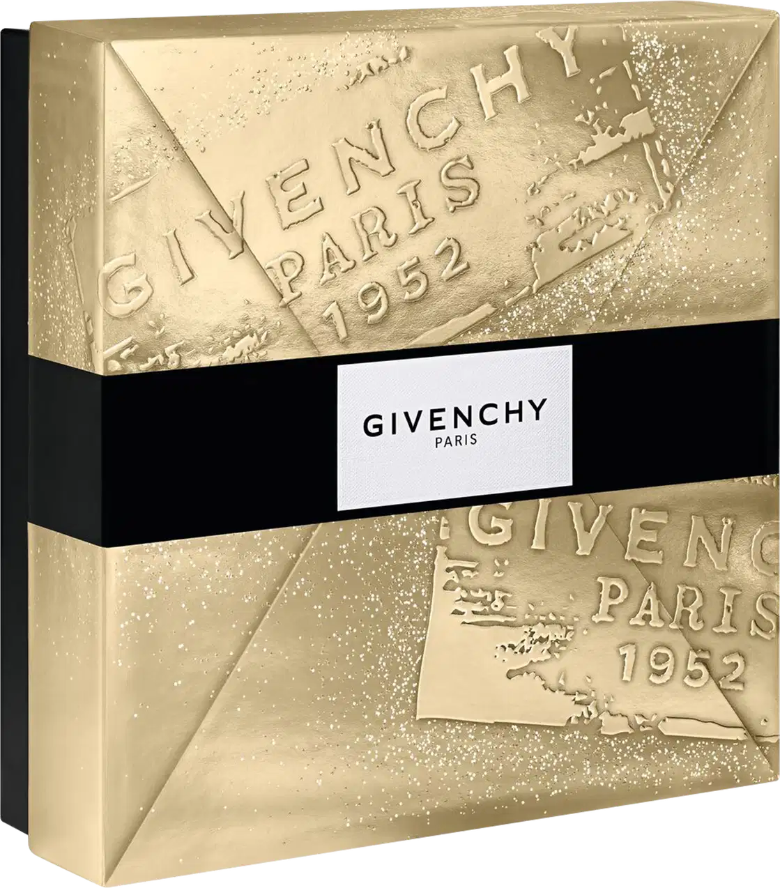 Embalagem de item de perfumaria Givenchy Paris 1952 com caixa dourada texturizada, faixa preta com logo branco e detalhes em relevo.