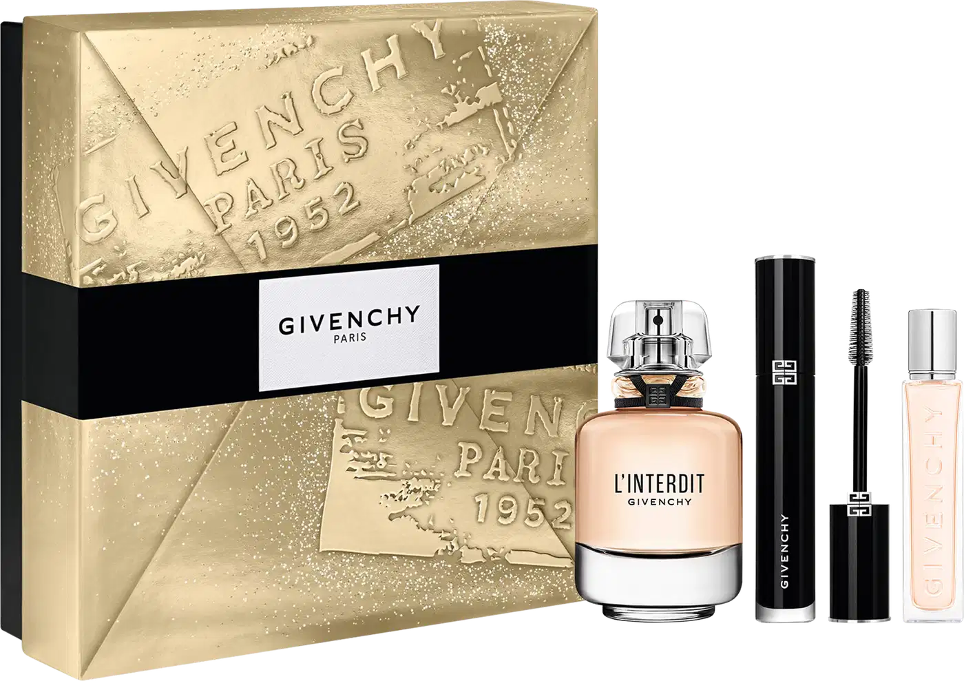 Kit Givenchy L'Interdit com caixa dourada texturizada, frasco de perfume bege com tampa cristal, mascara preta, e frasco travel size.
