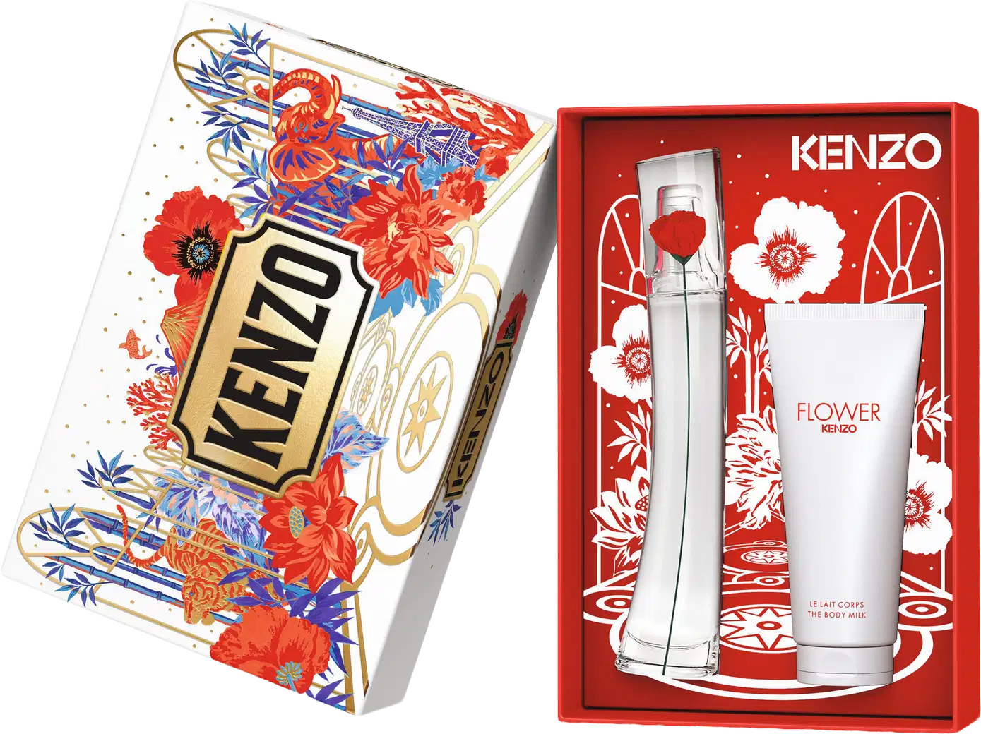 Dois produtos Kenzo Flower: caixa branca com flores vermelhas e azuis contendo frasco de perfume, e caixa vermelha com flores brancas contendo frasco de perfume e loção corporal.