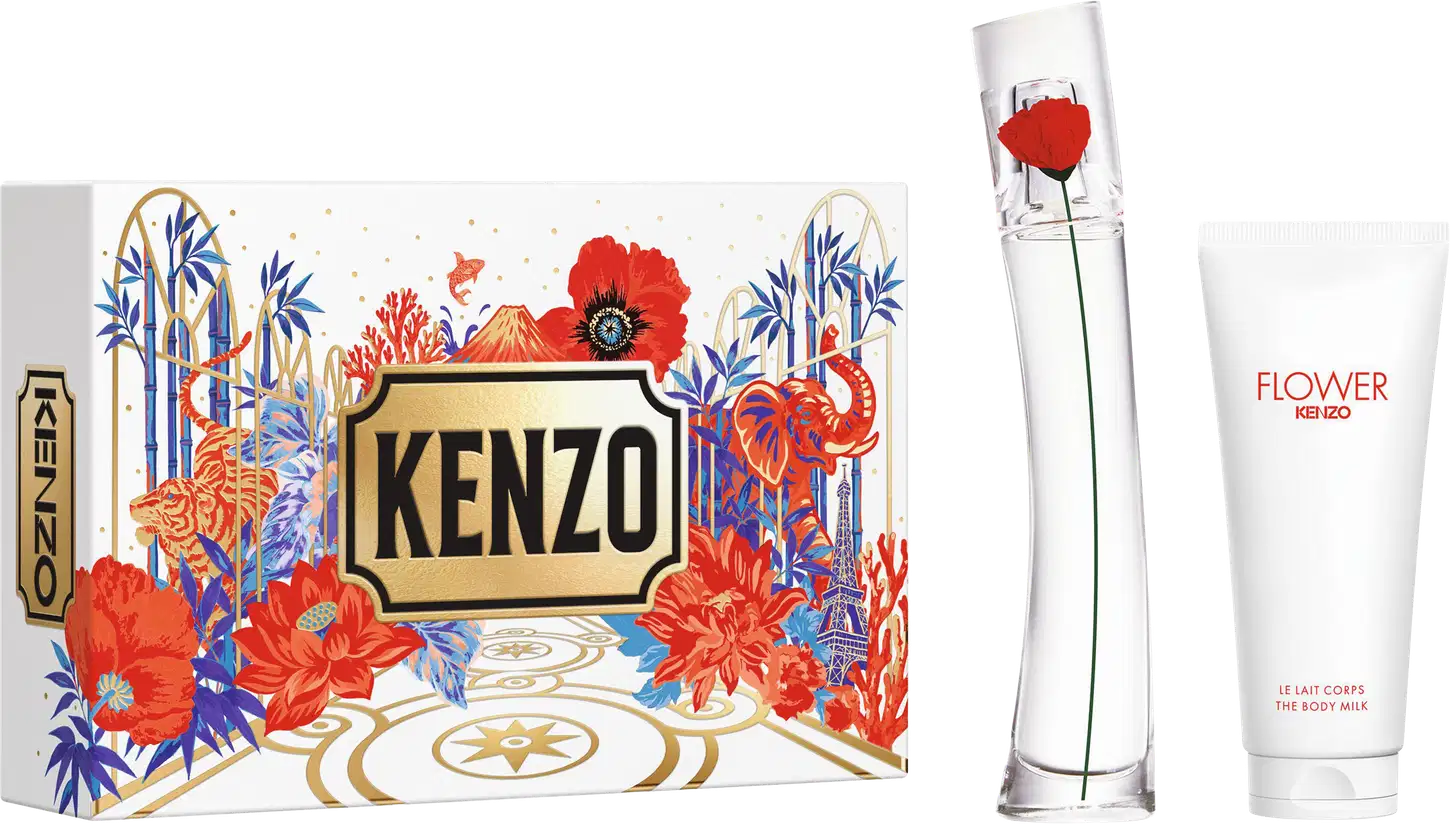 Kit Kenzo Flower com caixa estampada em azul, vermelho e dourado, frasco de perfume com flor vermelha e bisnaga de loção corporal branco.
