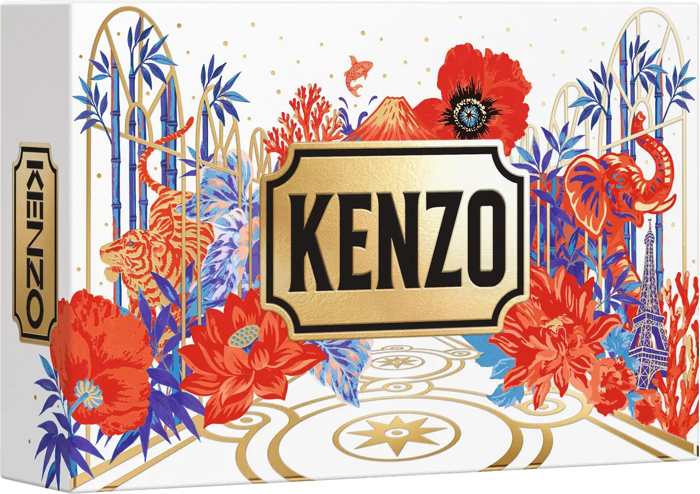 Caixa de item de perfumaria Kenzo com design decorativo em branco, vermelho, azul e dourado, apresentando flores, bambu, koi, com logo Kenzo em destaque central.
