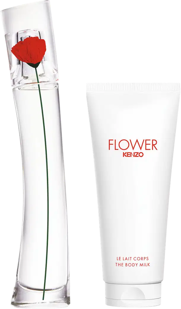 Conjunto Flower Kenzo com frasco cilíndrico transparente contendo item de perfumaria com rosa vermelha e bisnaga branca de loção corporal.