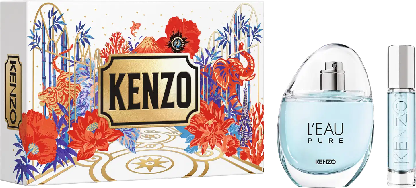 Conjunto Kenzo L'Eau Pure com caixa decorada em azul, vermelho e dourado, frasco de item de perfumaria em vidro transparente com líquido azul claro e frasco spray menor.