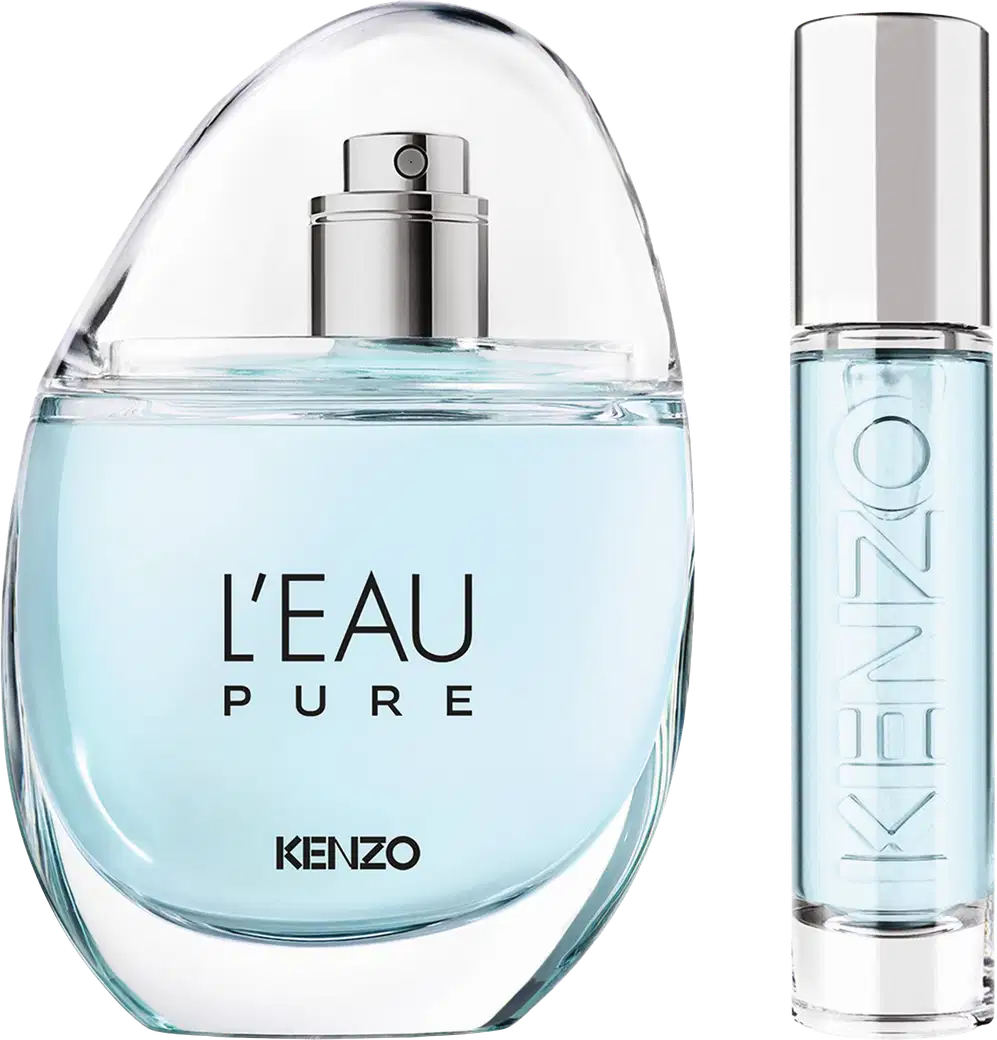 Conjunto de perfumaria Kenzo L'Eau Pure com frasco oval em vidro transparente contendo líquido azul claro e spray prata, acompanhado de frasco cilíndrico menor com rótulo gravado Kenzo.