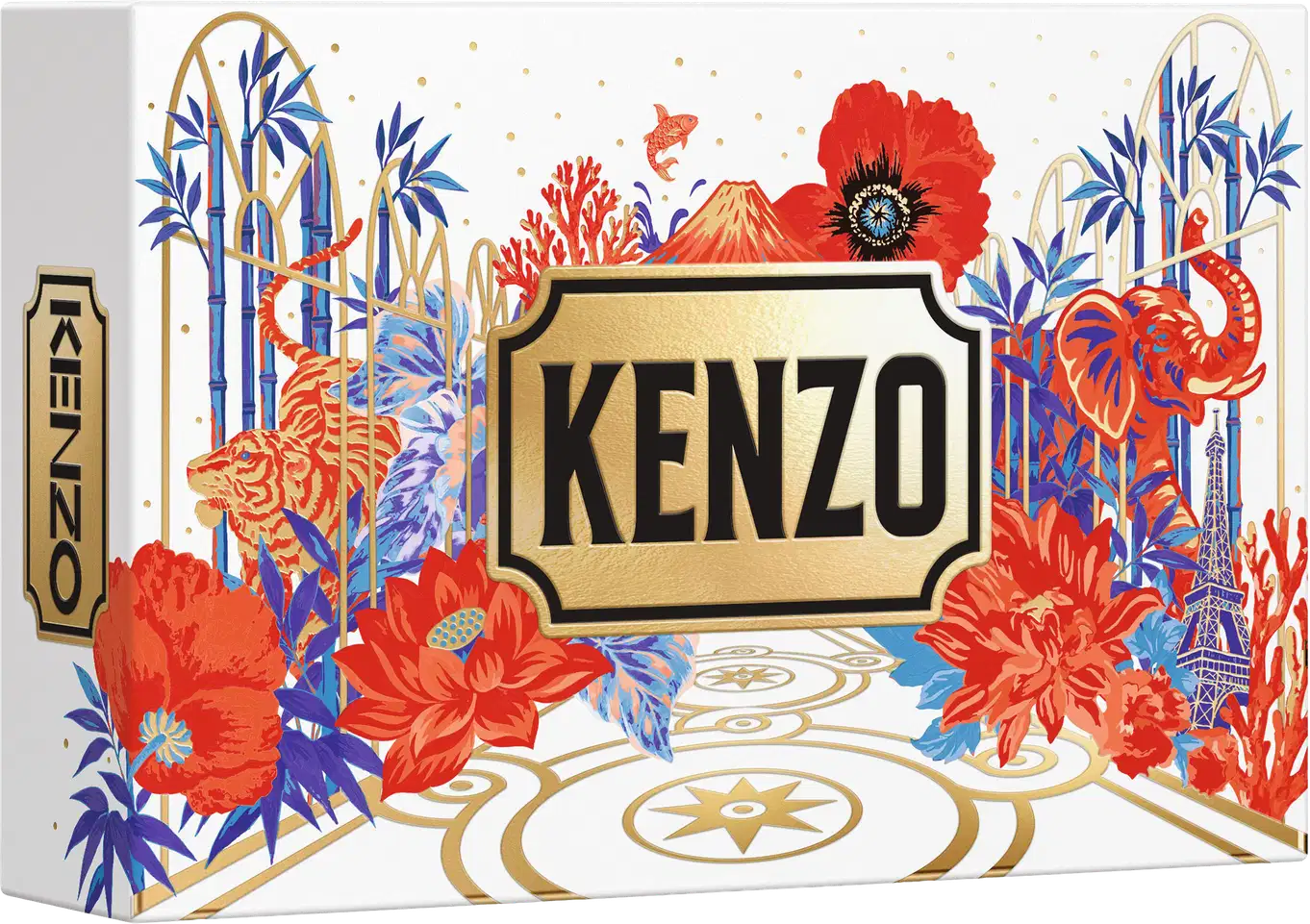 Caixa de item de perfumaria Kenzo com design decorativo em branco, vermelho e azul, apresentando flores, bambu e montanha em dourado, com logotipo Kenzo em destaque central.