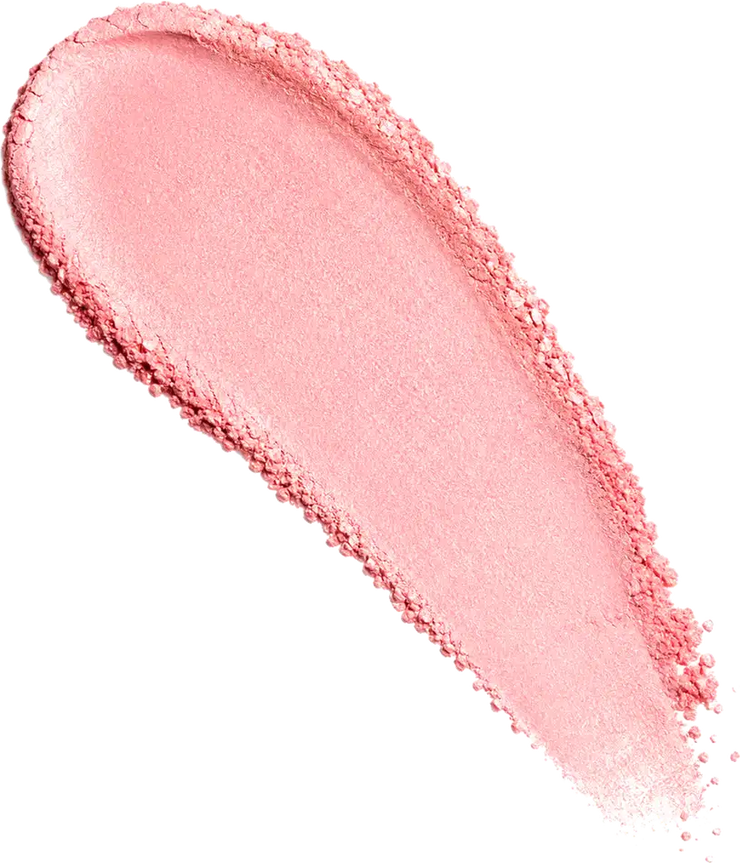 Amostra de blush em pó em tom rosado, aplicado em superfície branca.