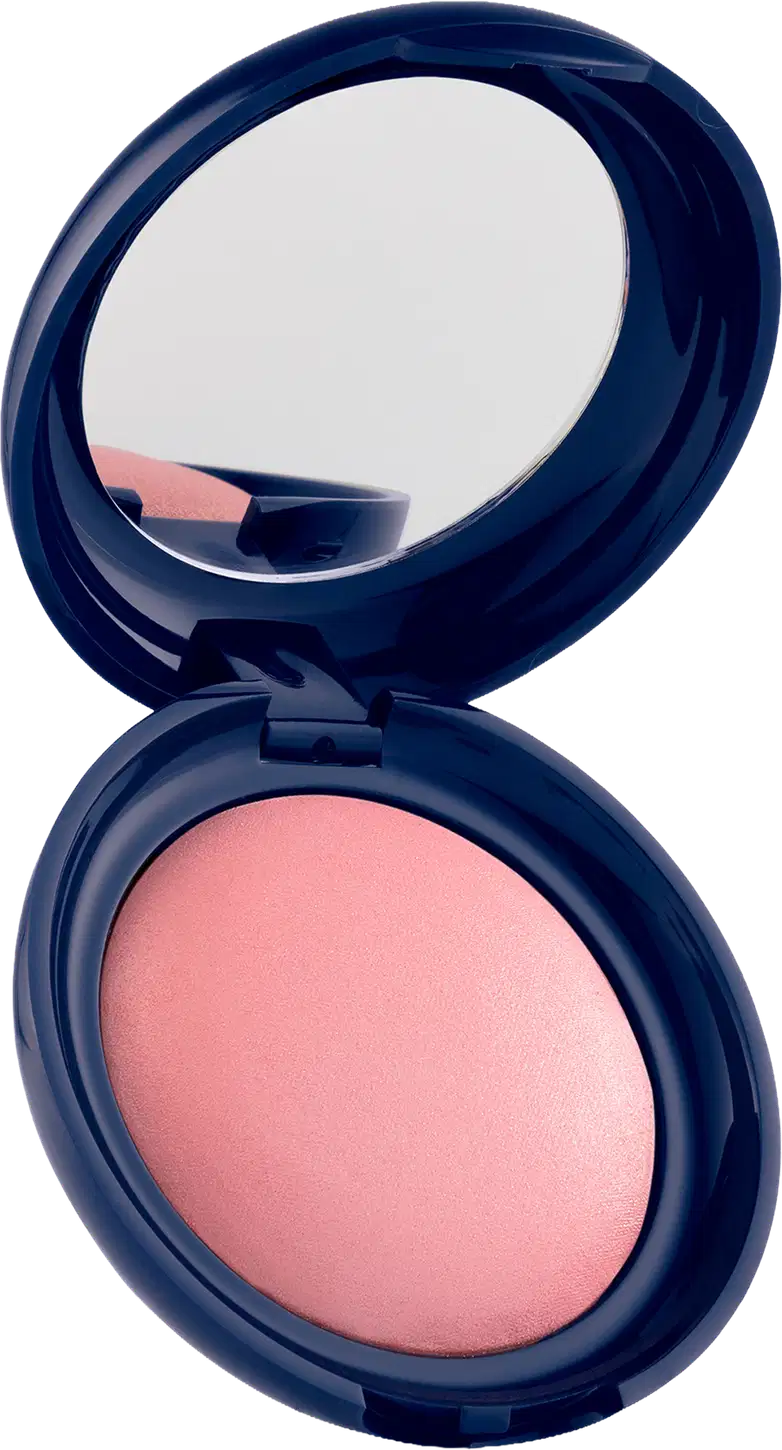 Blush em pó com embalagem redonda azul-marinho, espelho integrado na tampa e produto em tom rosado com acabamento luminoso.