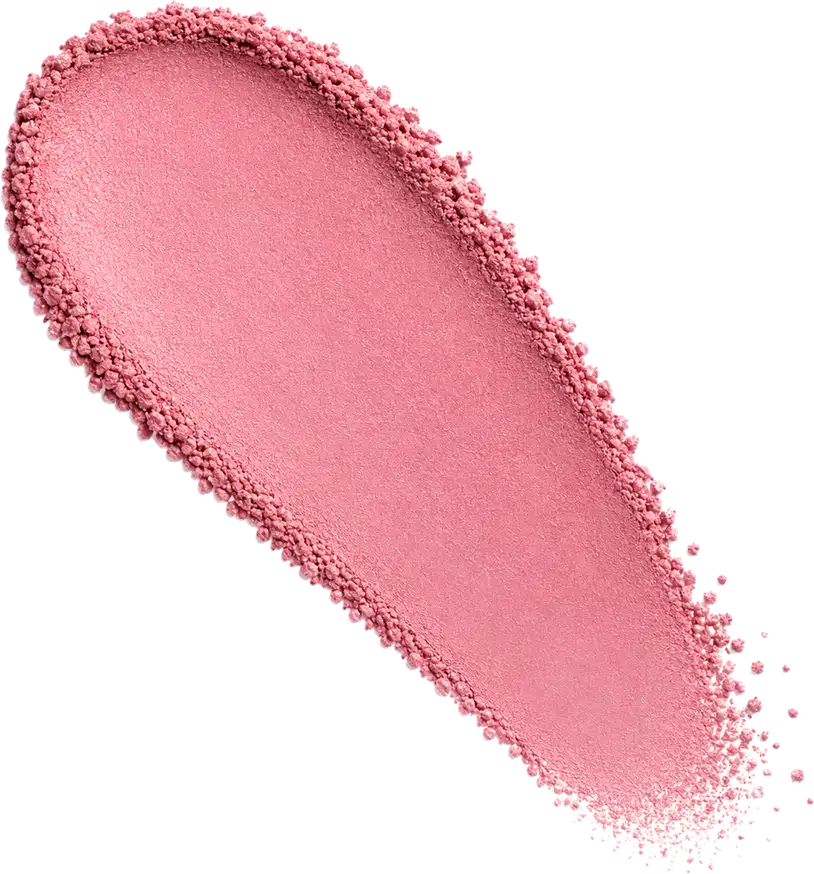 Amostra de blush em pó em tom rosa, aplicado em superfície branca.