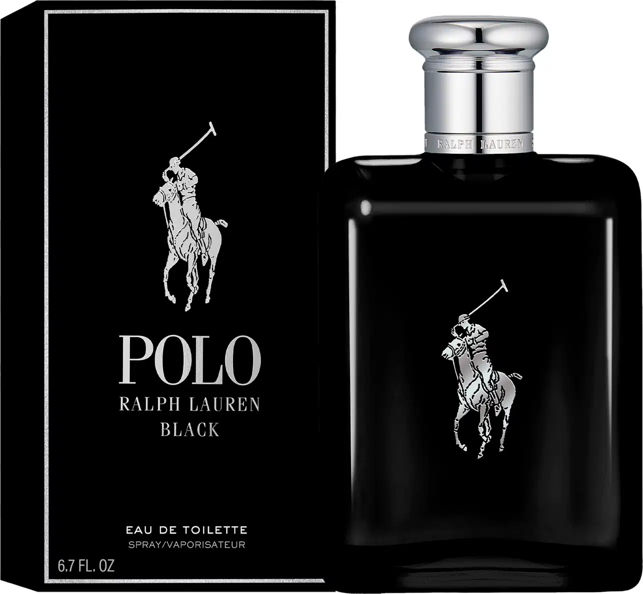 Frasco de perfume preto Polo Black da marca Ralph Lauren com tampa prateada e logotipo da marca em destaque.