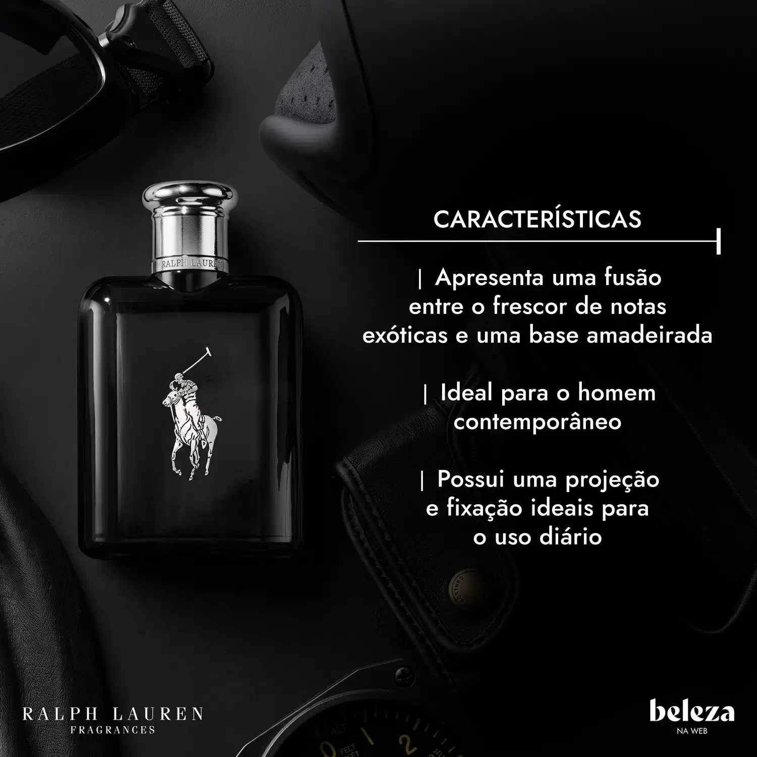 Frasco de item de perfumaria da marca Ralph Lauren com projeção e fixação ideais para uso diário, apresentando fusão entre notas exóticas e base amadeirada.