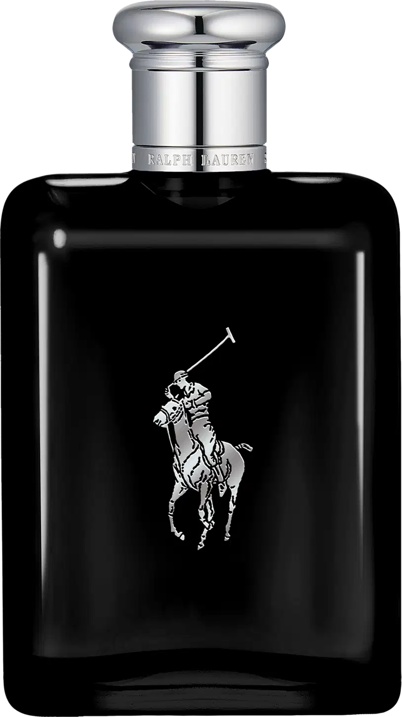 Frasco de perfume preto Polo Black da marca Ralph Lauren com tampa prateada e logotipo da marca em destaque.