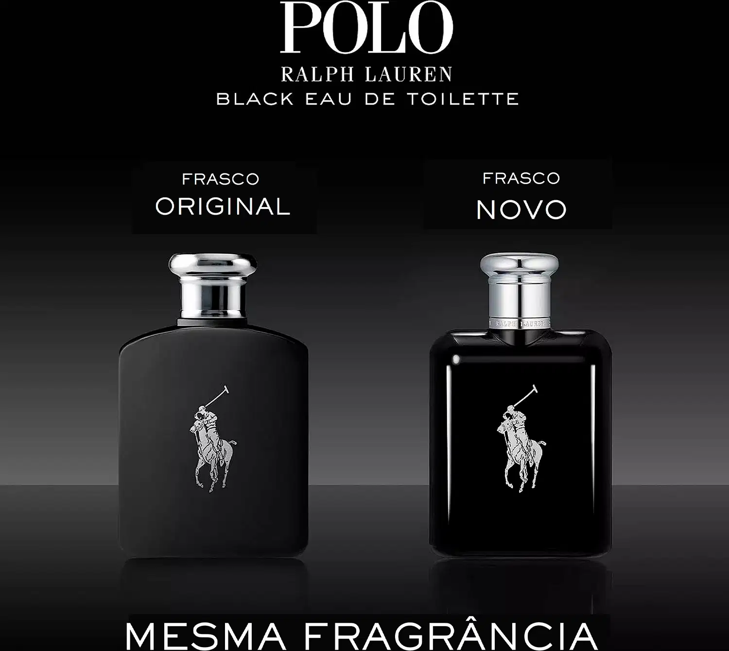 Frasco de perfume preto Polo Black da marca Ralph Lauren com tampa prateada e logotipo da marca em destaque.