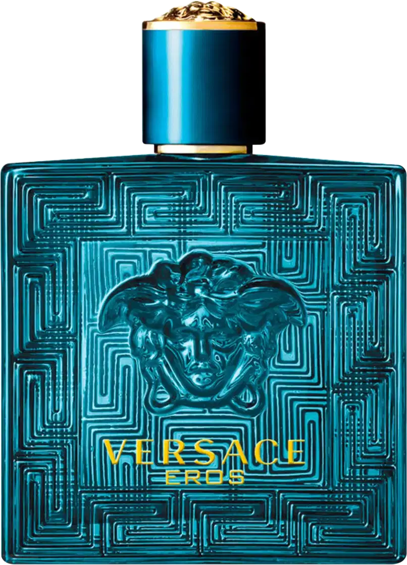 A imagem mostra o frasco de perfume da Versace, com forma quadrada e feito de vidro azul. No centro do frasco, há uma cabeça de medusa esculpida em alto relevo e o topo do frasco possui uma tampa azul com detalhes dourados.
