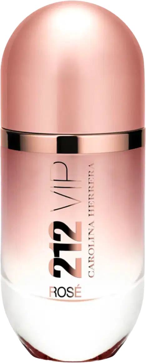 Perfume em frasco cilíndrico de metal rosado. O frasco tem um formato alongado com uma tampa arredondada na parte superior. O rótulo frontal exibe o texto "212 VIP Rosé" em letras douradas sobre fundo rosado.
