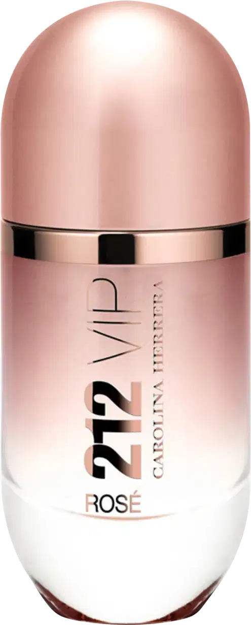 Perfume em frasco cilíndrico de metal rosado. O frasco tem um formato alongado com uma tampa arredondada na parte superior. O rótulo frontal exibe o texto "212 VIP Rosé" em letras douradas sobre fundo rosado.