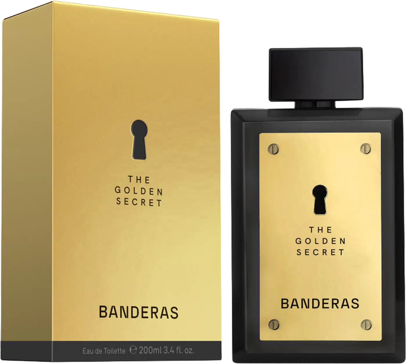 Frasco de perfume preto com painel frontal dourado exibindo o texto "The Golden Secret" e "Banderas" em letras douradas. O frasco possui um design elegante e minimalista, com um pequeno orifício no centro.