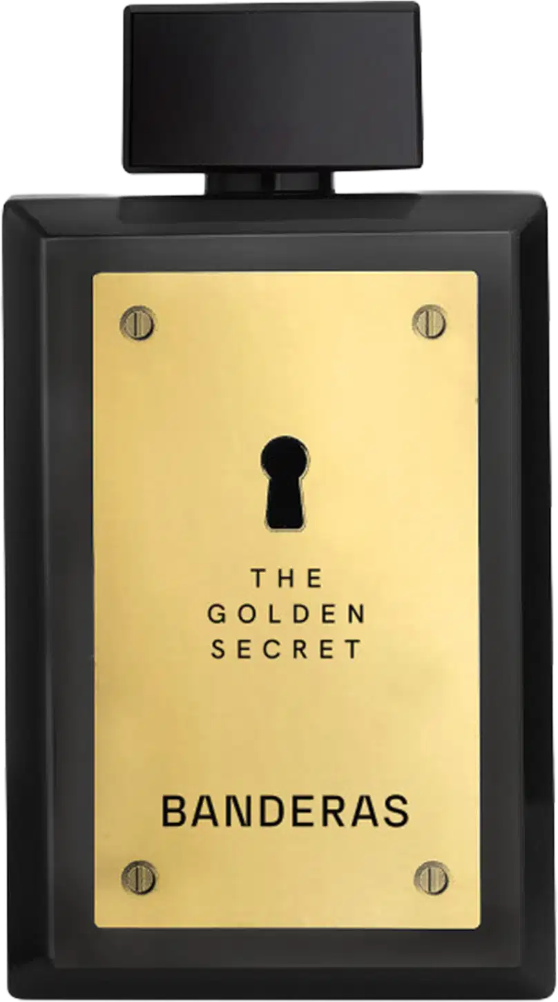 Frasco de perfume preto com painel frontal dourado exibindo o texto "The Golden Secret" e "Banderas" em letras douradas. O frasco possui um design elegante e minimalista, com um pequeno orifício no centro.