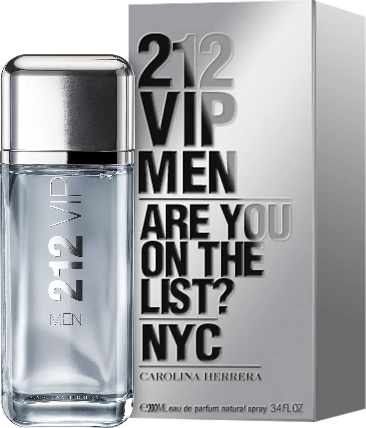 Frasco de perfume masculino Carolina Herrera 212 VIP, com design elegante em vidro transparente e tampa metálica brilhante. Rótulo com o nome da fragrância em letras grandes e informações sobre a marca.