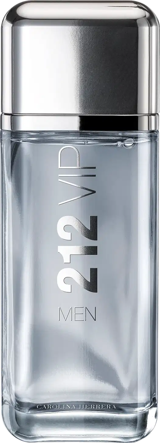 Frasco de perfume masculino Carolina Herrera 212 VIP, com design elegante em vidro transparente e tampa metálica brilhante. Rótulo com o nome da fragrância em letras grandes e informações sobre a marca.