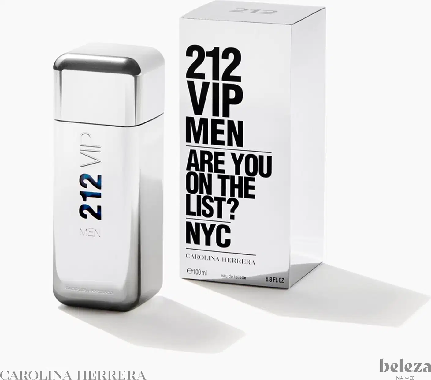 Frasco de perfume masculino Carolina Herrera 212 VIP, com design elegante em vidro transparente e tampa metálica brilhante. Rótulo com o nome da fragrância em letras grandes e informações sobre a marca.