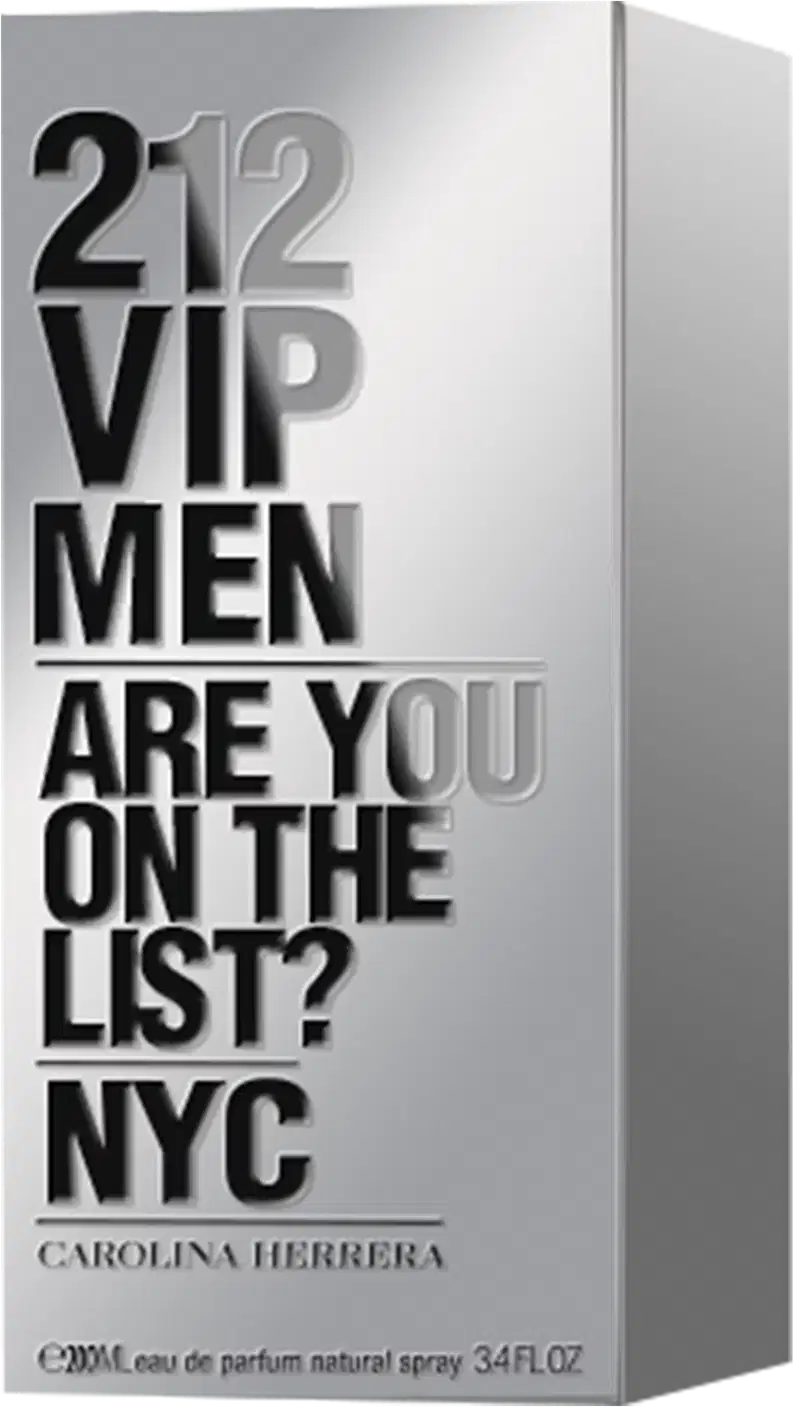 Frasco de perfume masculino Carolina Herrera 212 VIP, com design elegante em vidro transparente e tampa metálica brilhante. Rótulo com o nome da fragrância em letras grandes e informações sobre a marca.
