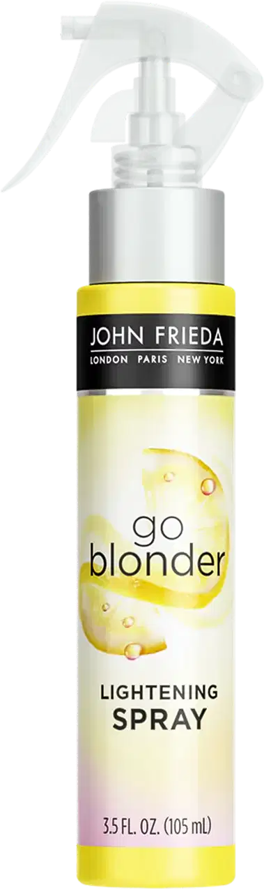 Embalagem plástica amarela com borrifador. O rótulo exibe o logotipo John Frieda em preto, o nome do produto "Go Blonder Lightening Spray".