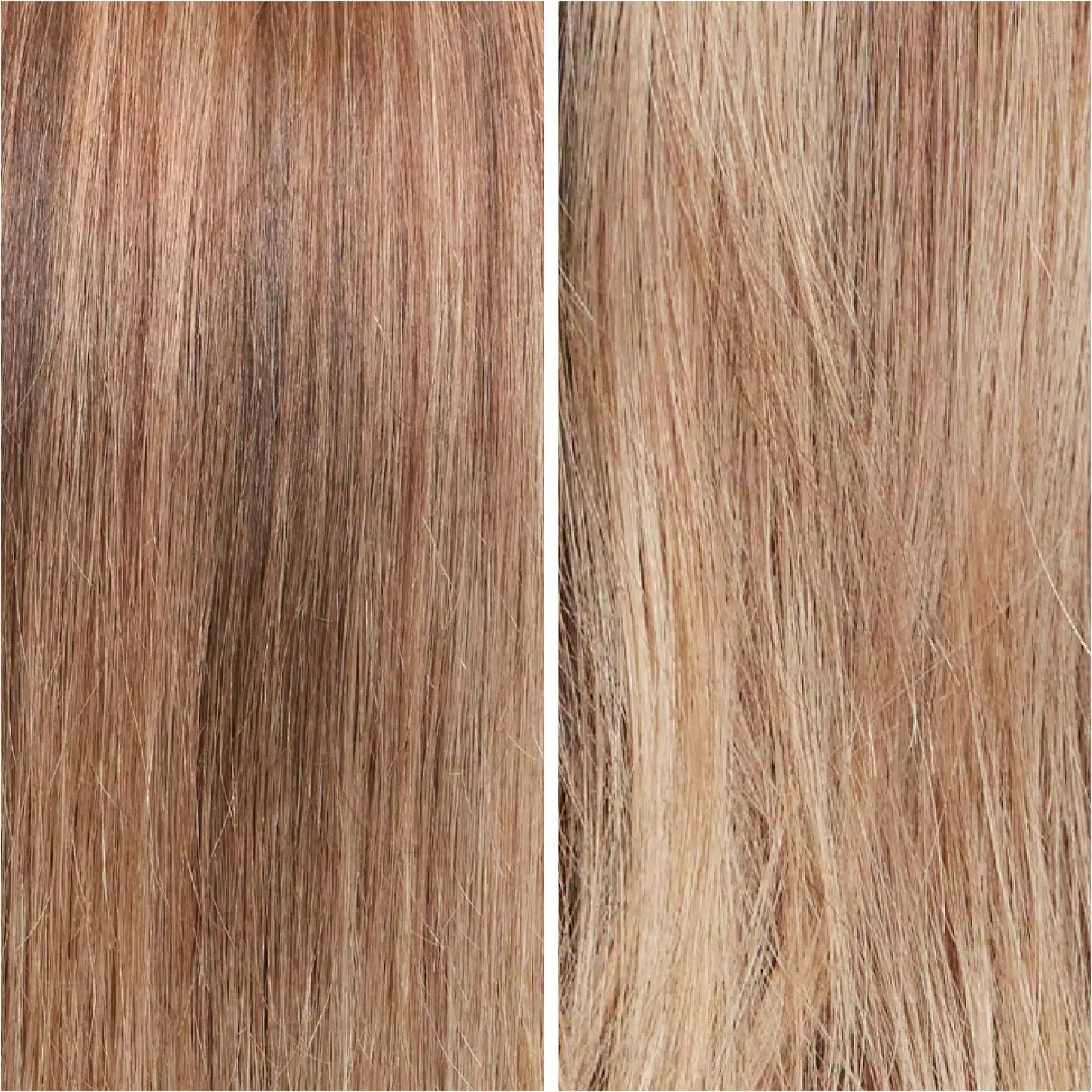Antes e depois de um cabelo loiro após usar o produto, mais vivo, sedoso e alinhado.