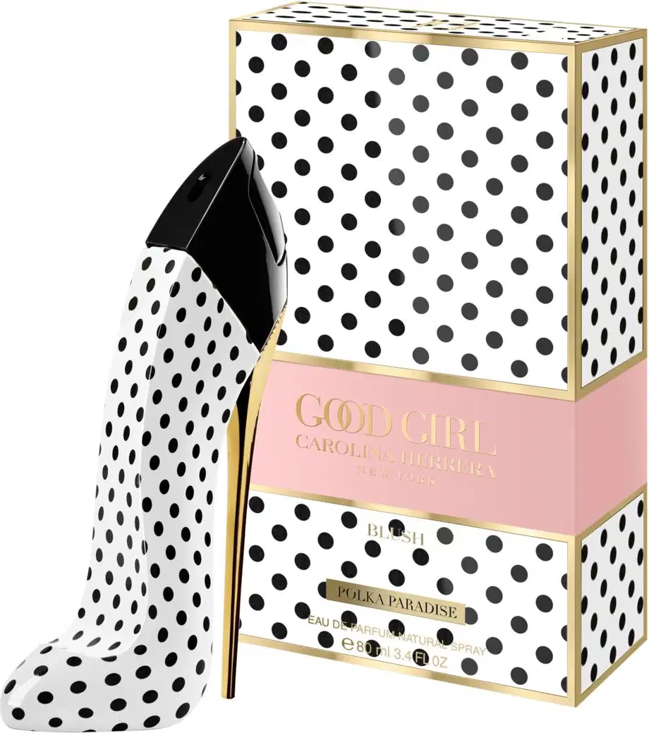 Caixa de perfume Carolina Herrera "Good Girl" em preto e branco com bolinhas, com frasco de perfume em formato de salto alto preto e rosa, embalagem com detalhes dourados.