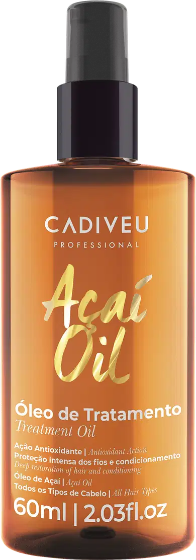Frasco de óleo capilar Cadiveu Professional Açaí Oil, com 60ml, em embalagem de vidro âmbar com rótulo branco e laranja destacando o nome do produto e sua função.