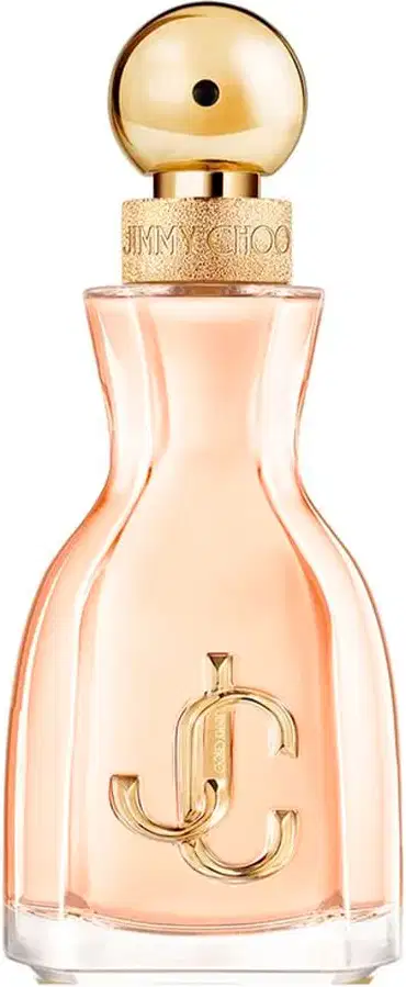 Frasco de item de perfumaria da marca Jimmy Choo, com formato curvilíneo e tampa dourada em formato de olho, em tons de rosa e dourado.