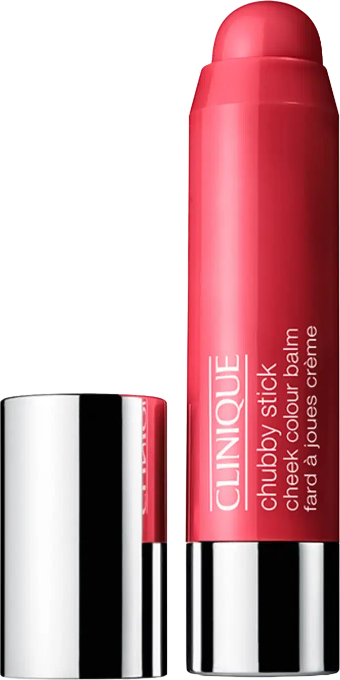 Produto de beleza em embalagem cilíndrica vermelha com rótulo "Clinique Chubby Stick Moisturizing Lip Colour Balm". Apresenta design simples e compacto, com tampa protetora.