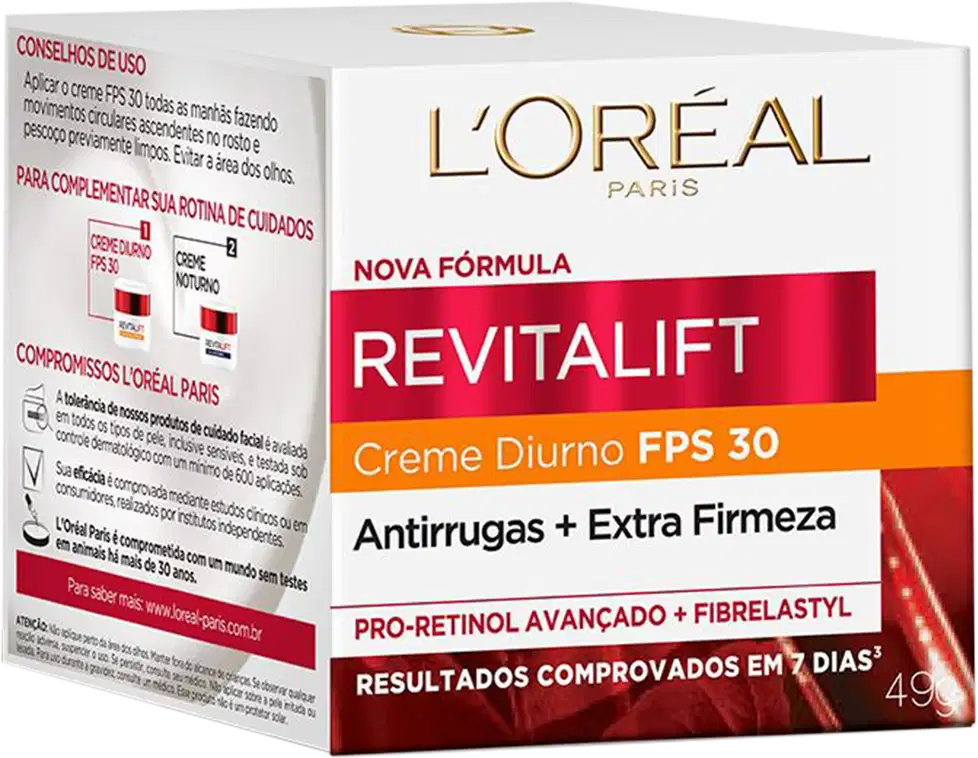 Creme diurno da linha Revitalift da L'Oréal Paris, com FPS 30, embalado em uma caixa branca e vermelha com detalhes dourados, destacando os benefícios de antirrugas e extra firmeza.