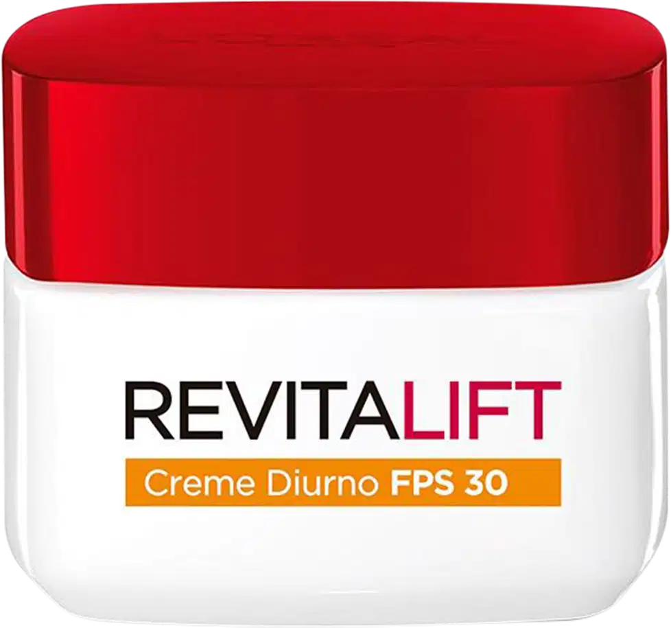 Embalagem branca e vermelha do produto de cuidados com a pele Revitalift Creme Diurno FPS 30 da L'Oréal Paris, com informações sobre o fator de proteção solar visíveis no rótulo.