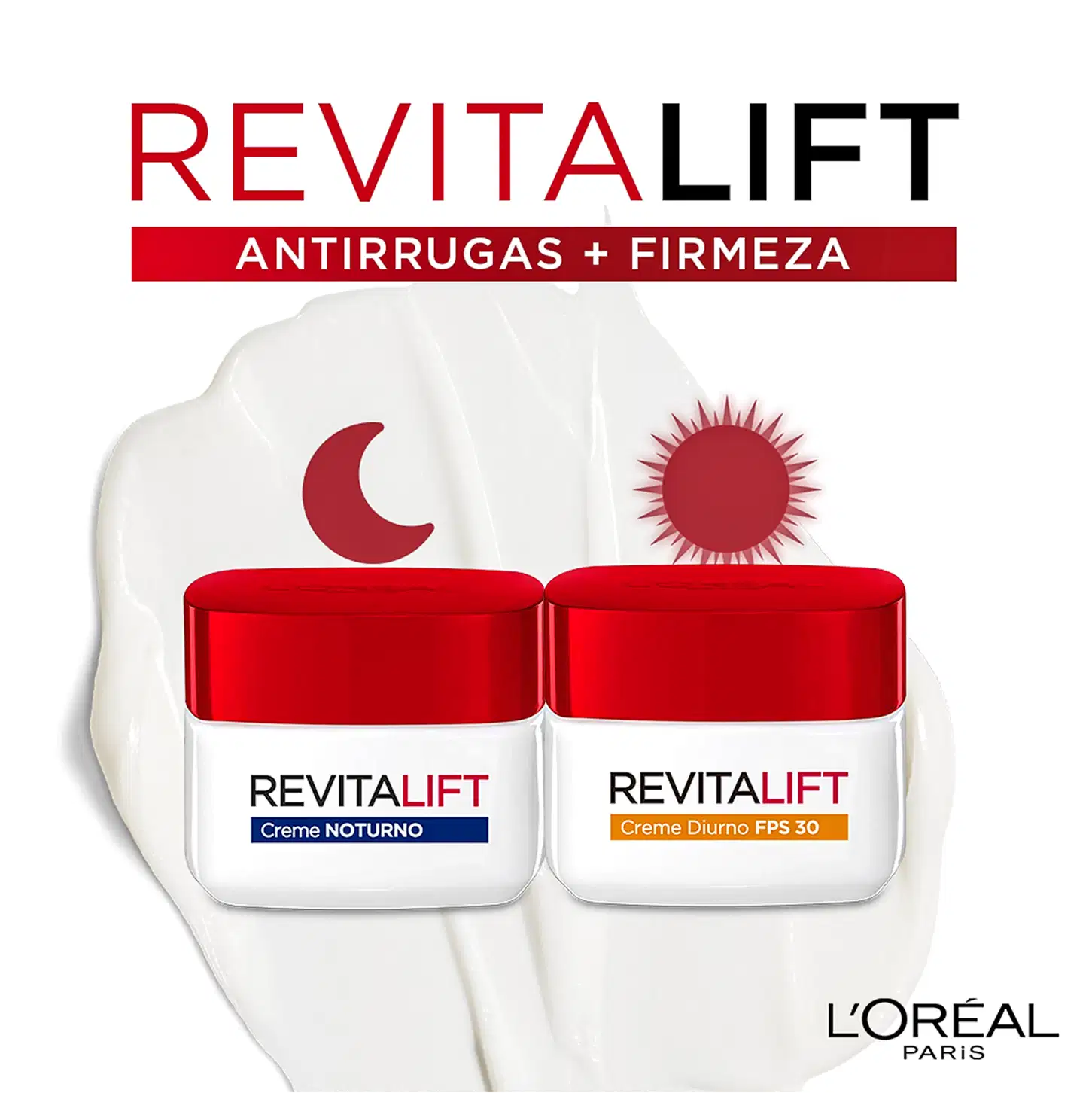 A imagem apresenta dois produtos da linha Revitalift da L'Oréal Paris, um creme noturno e um creme diurno com FPS 30, em embalagens vermelhas e brancas com símbolos de lua e sol, sugerindo seu uso em diferentes momentos do dia para firmeza e antirrugas.